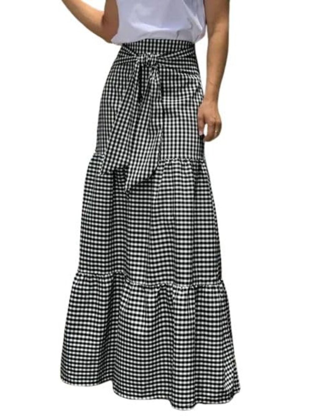 Boho Plaid Maxi Skirt High Waist A-Line Tiered Ruffle Hem - Picture 2 of 2